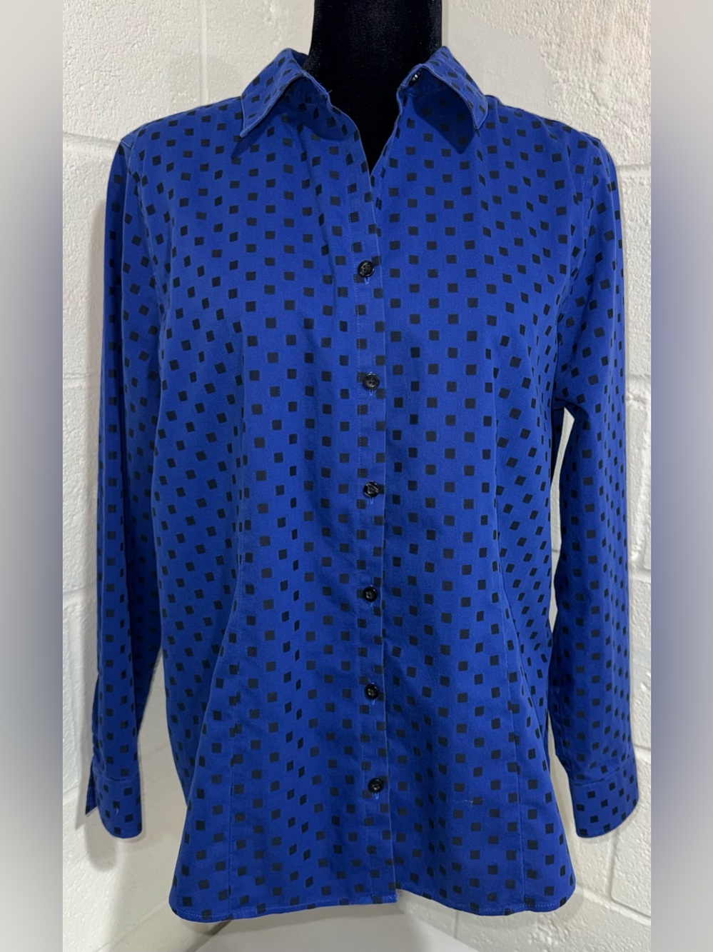 Chico’s Sz 2 Blue Black Geometric Square Print Button Down Shirt Blouse L/12